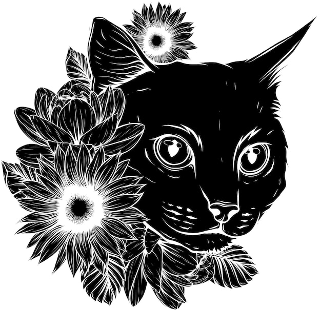 ilustración de la cabeza del gatito de gato con una flor