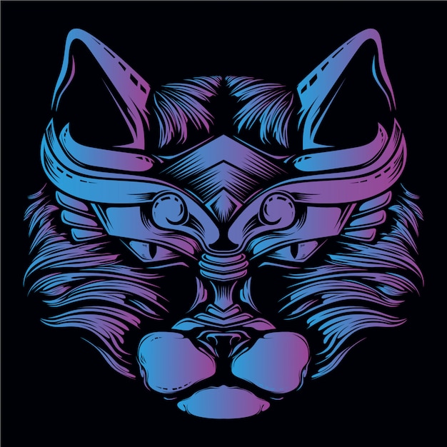 Ilustración de cabeza de gato azul y púrpura