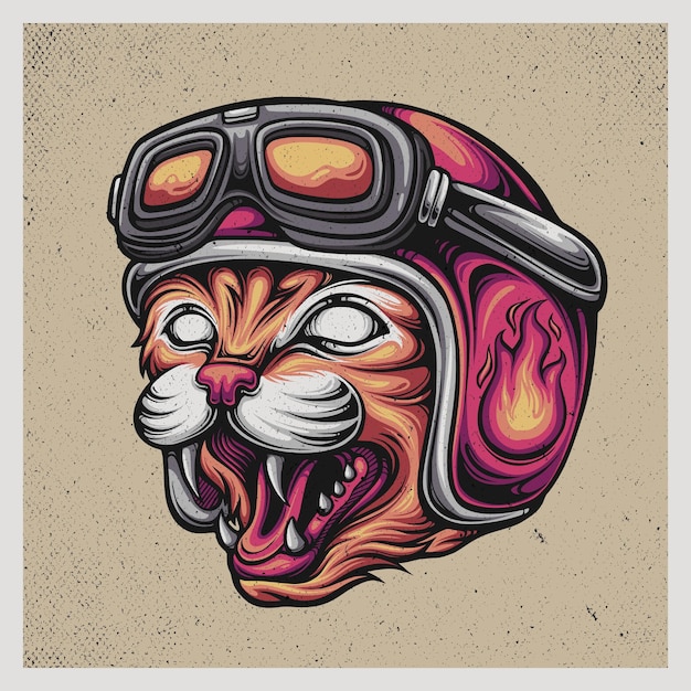 Vector ilustración cabeza de gato con un casco retro