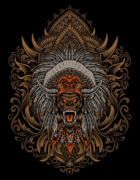 Ilustración cabeza de gorila con estilo de adorno grabado