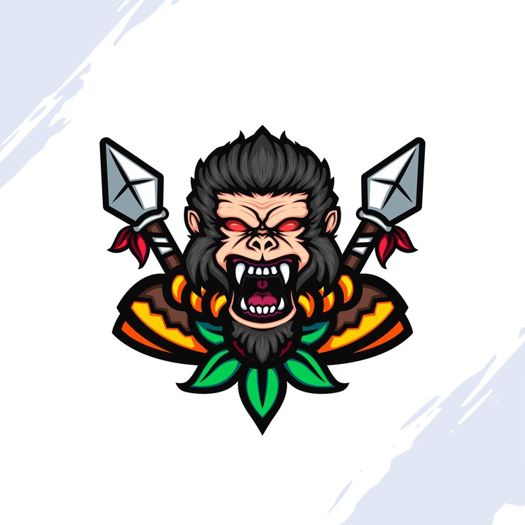 Vector ilustración de la cabeza de gorila gritando con cara enojada con ropa tribal con dos lanzas en la espalda