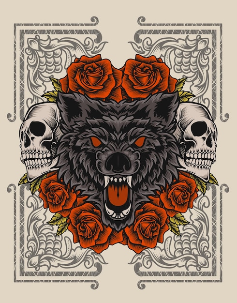 Ilustración cabeza de lobo con calavera y flor color de rosa