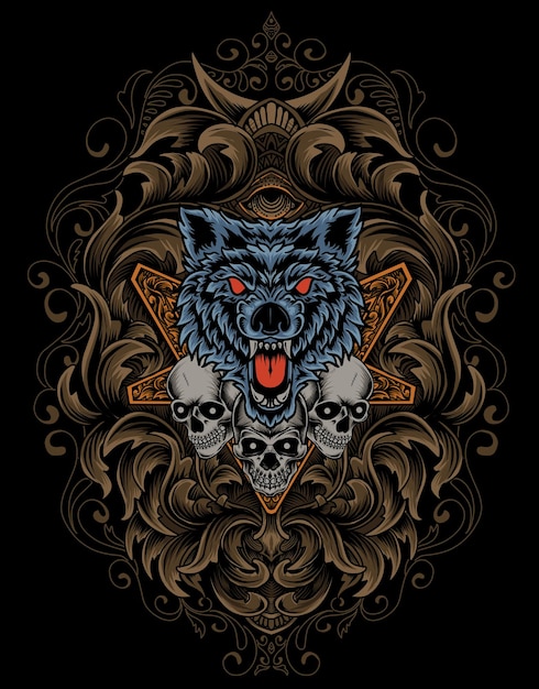Ilustración cabeza de lobo y cráneo enojado con adornos antiguos