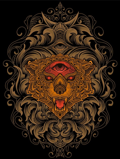 Ilustración cabeza de lobo estilo mandala con adorno de grabado