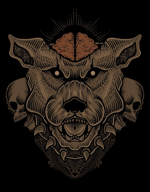 Ilustración cabeza de perro con calavera