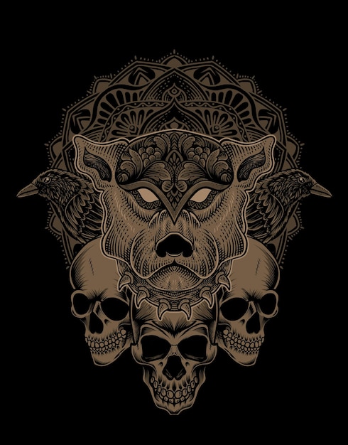 Ilustración cabeza de perro grabado estilo mandala con calavera y pájaro cuervo