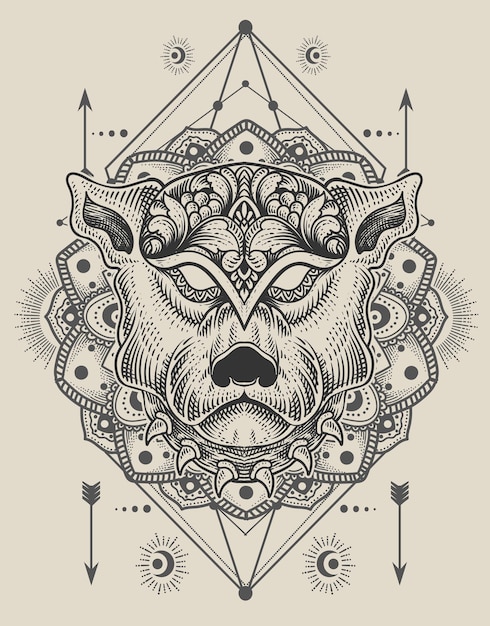 Ilustración cabeza de perro grabado estilo mandala