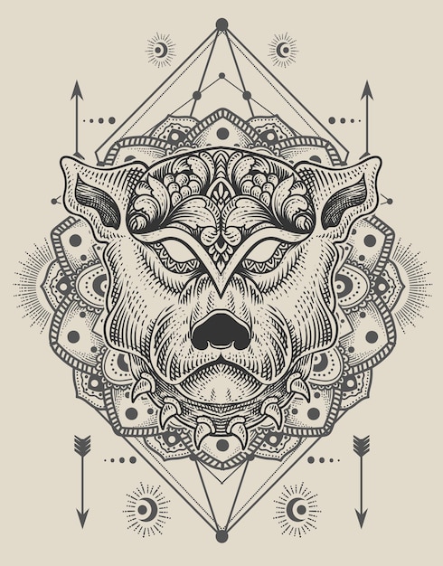 Ilustración cabeza de perro grabado estilo mandala