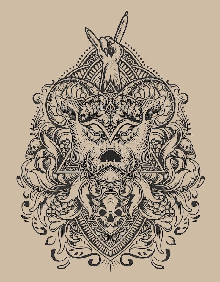 Vector ilustración cabeza de perro grabado estilo ornamento