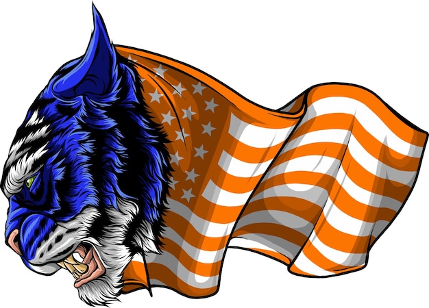 Vector ilustración de cabeza de tigre y bandera estadounidense