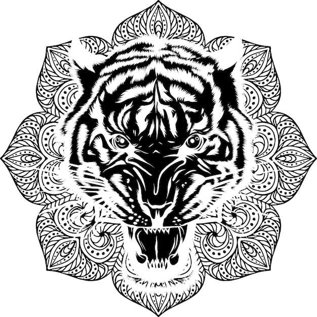 Vector ilustración de la cabeza de un tigre con un mandala