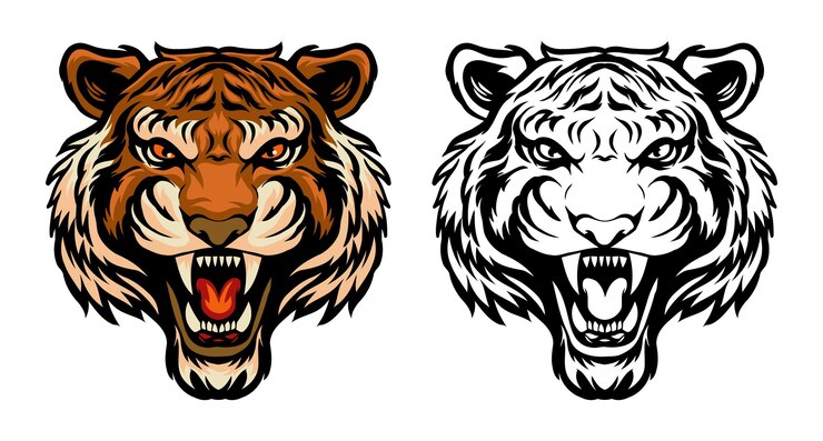 Ilustración de cabeza de tigre a todo color en blanco y negro en estilo vintage