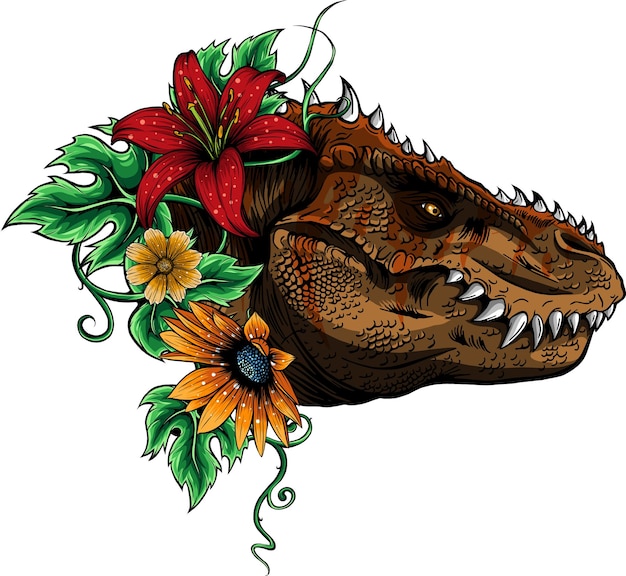 Ilustración de la cabeza de tiranosaurio rex con hojas y flores.