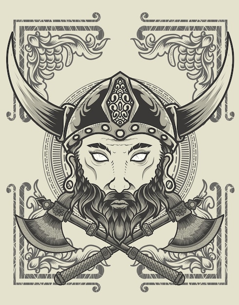 Vector ilustración cabeza de vikingo con estilo monocromo de dos hachas