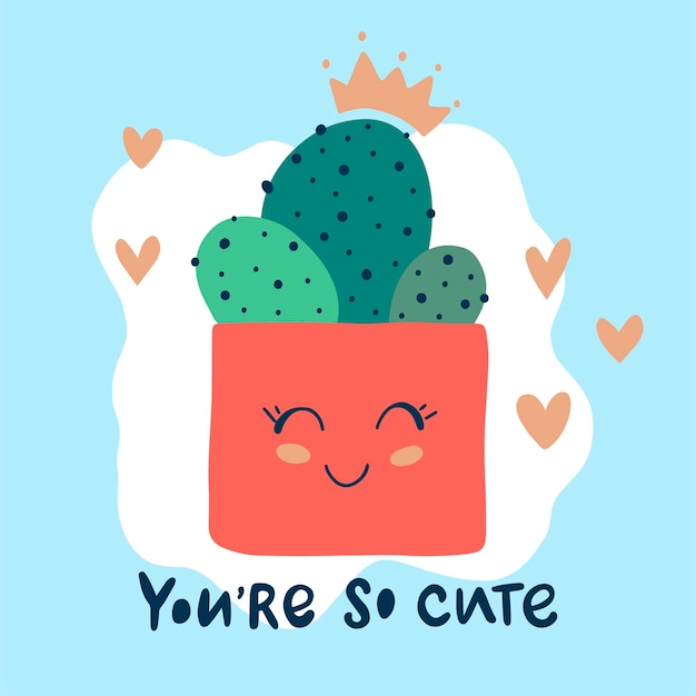 Vector ilustración de cactus divertidos con corona y corazones alrededor letras dibujadas a mano eres tan lindo