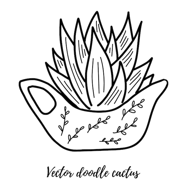 Ilustración de cactus de fideos vectoriales Planta de casa de arte de línea negra en una olla. Para diseños y fondos