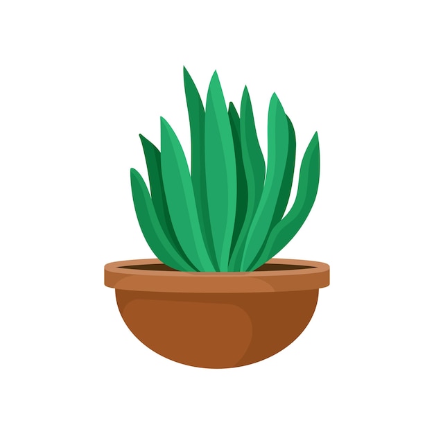 Ilustración de un cactus con hojas verdes en una olla de cerámica marrón Pequeña planta de interior decorativa Tema de jardinería interior Elemento gráfico para la decoración del hogar Vector plano colorido aislado sobre fondo blanco