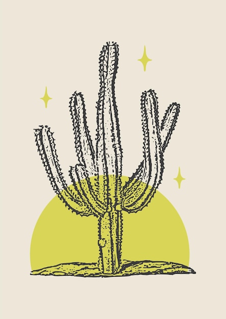 Ilustración de cactus salvaje oeste desierto diseño vintage planta Sahuaro