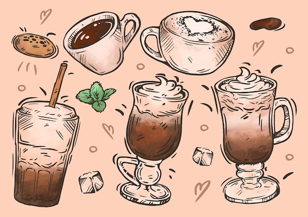 Ilustración de café boceto dibujado a mano capuchino latte americano espresso