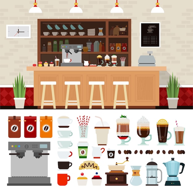 Vector ilustración de café con fondo interior de tienda