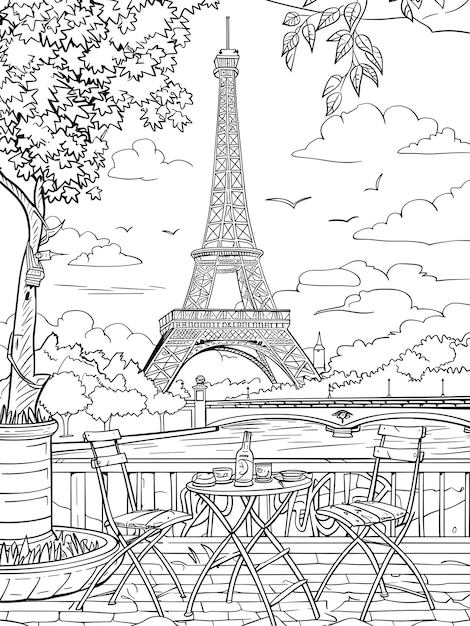 Ilustración del café parisiense con la Torre Eiffel para colorear