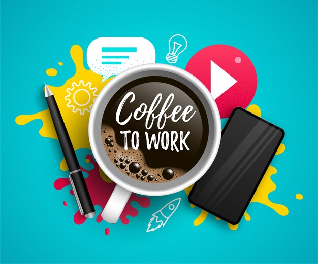 Ilustración de café para trabajar con taza de café, teléfono inteligente, iconos de redes sociales y presupuesto. Escritor, freelance, concepto de oficina sobre fondo azul degradado.
