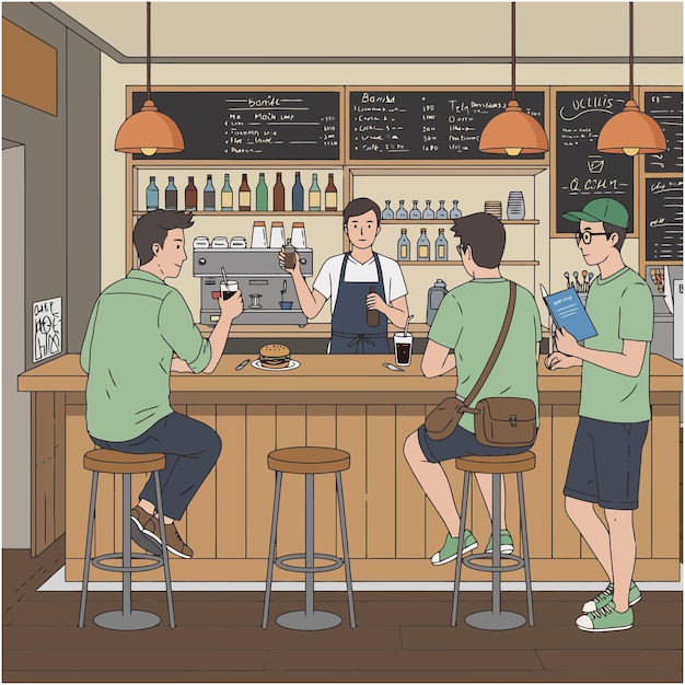 Ilustración de una cafetería Amigos disfrutando de bebidas y hamburguesas