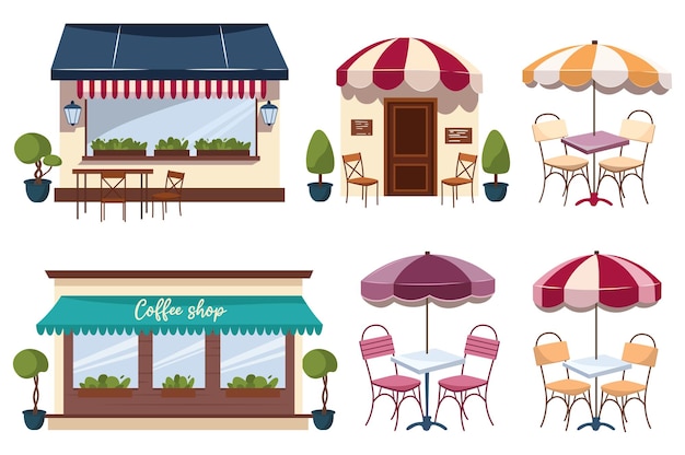 La ilustración de la cafetería es un diseño plano de dibujos animados de una cafetería con varios elementos