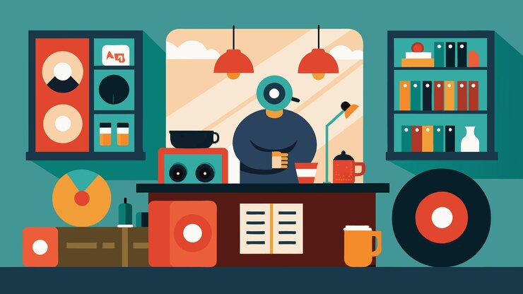 Vector una ilustración de una cafetería hipster con discos de vinilo como decoración que destaca el reciente