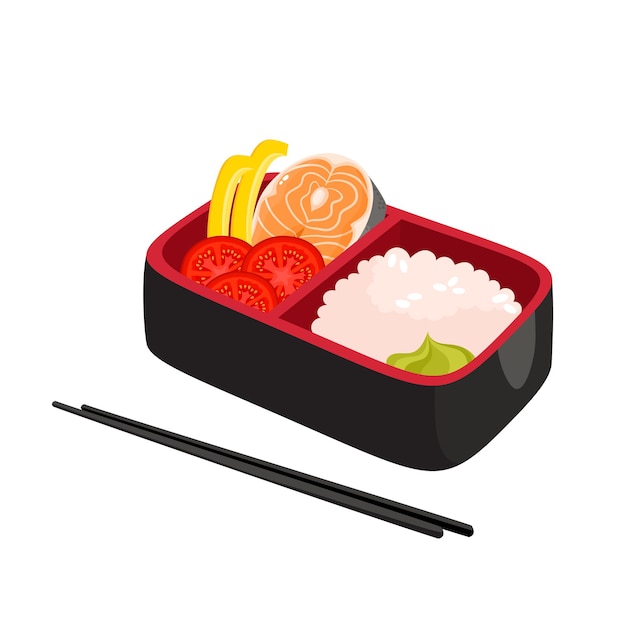 Ilustración de la caja bento japonesa, comida asiática tradicional con arroz, salmón, wasabi, tomate