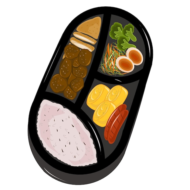 Ilustración de una caja de bento con una variedad de menús de carne y verduras