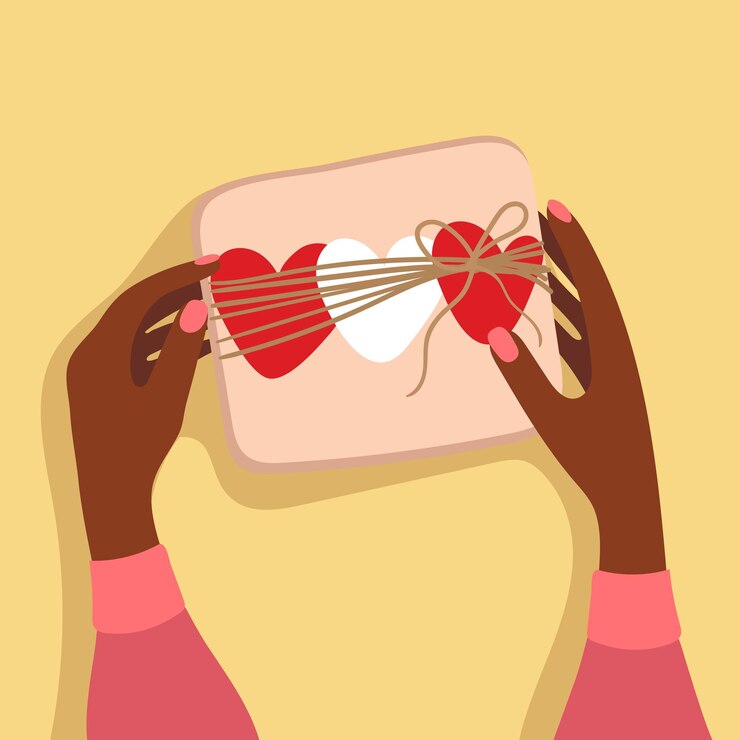 Vector ilustración de una caja de regalo en la vista superior de la mesa la niña sostiene una caja en sus manos mano de mujer