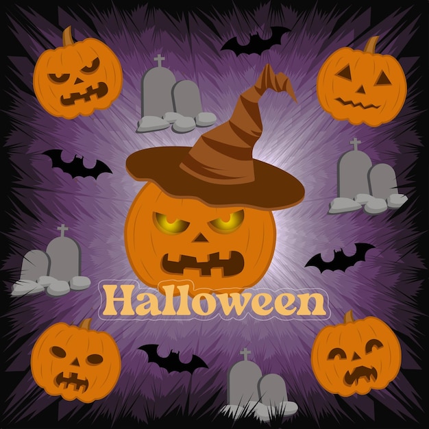 una ilustración de una calabaza de Halloween en un cementerio