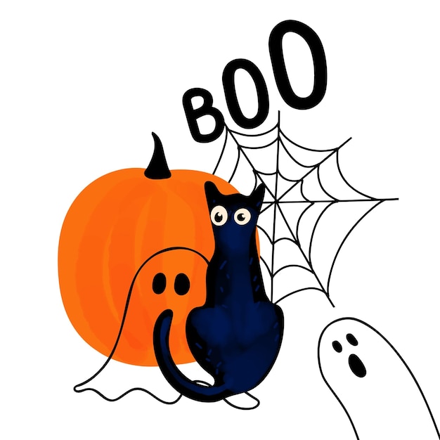 Ilustración de una calabaza naranja gato negro y fantasmas sobre un fondo blanco.