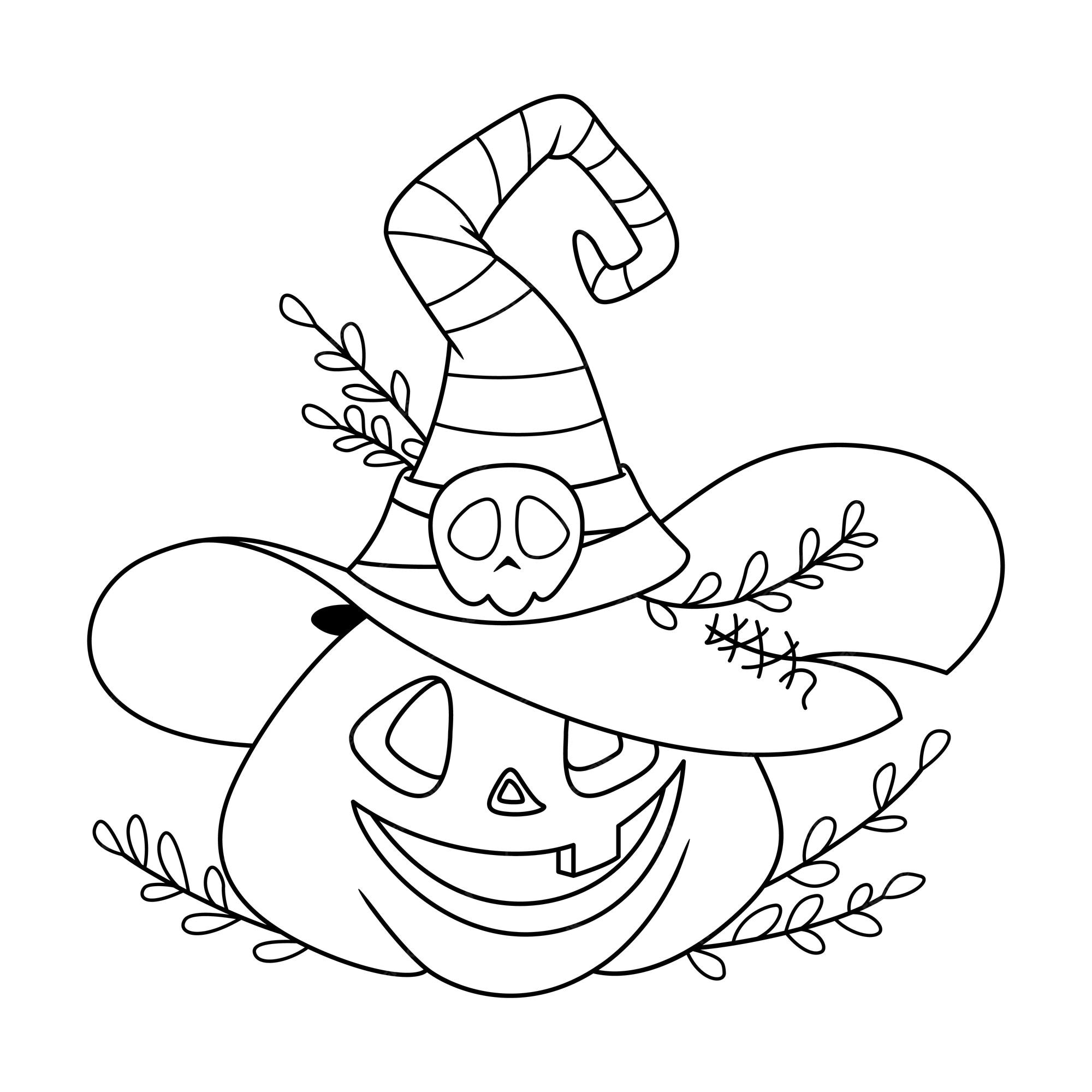 Ilustración de calabaza con sombrero de bruja para halloween para colorear, pintar e imprimir | Vector Premium