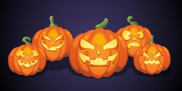 Ilustración de calabazas y murciélagos de halloween sobre un fondo morado banner de diseño de feliz halloween