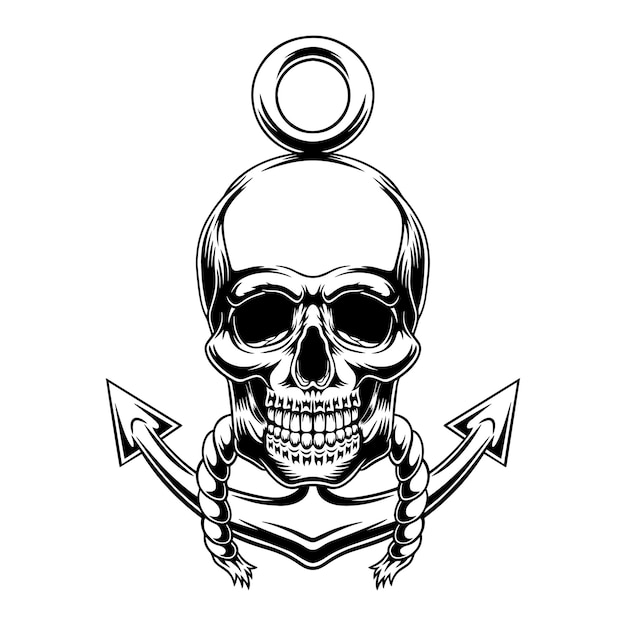 Vector ilustración de una calavera con un ancla de barco