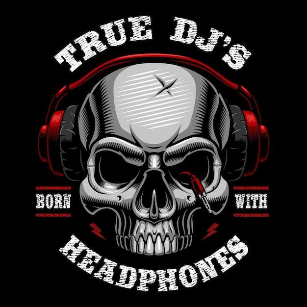 Ilustración de calavera dj. Diseño de camiseta sobre fondo oscuro. El texto está en la capa separada.