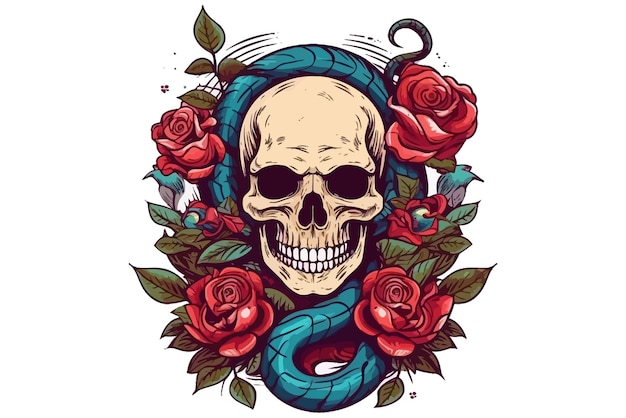 ilustración de una calavera entrelazada con serpientes y flores