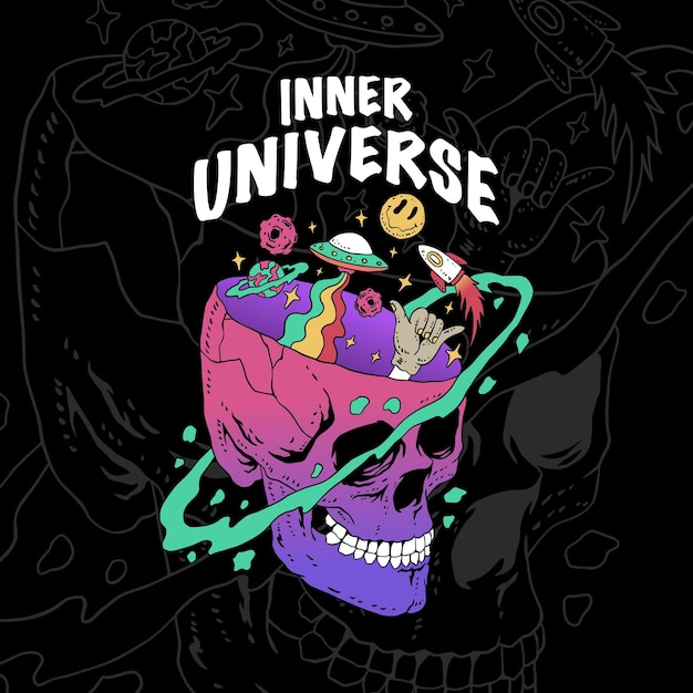 Ilustración de una calavera con un icono espacial que sale del universo interior de la cabeza.