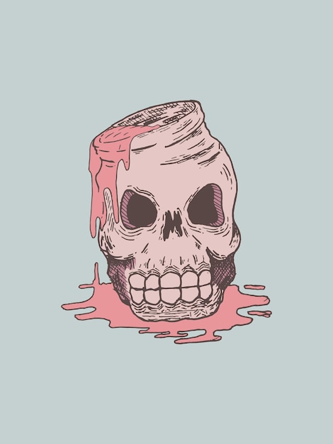 Vector ilustración de calavera con mermelada de fresa derretida y fondo azul de chicle