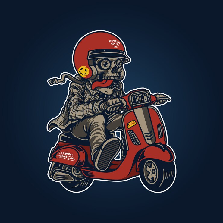 Vector ilustración de calavera retro con scooter