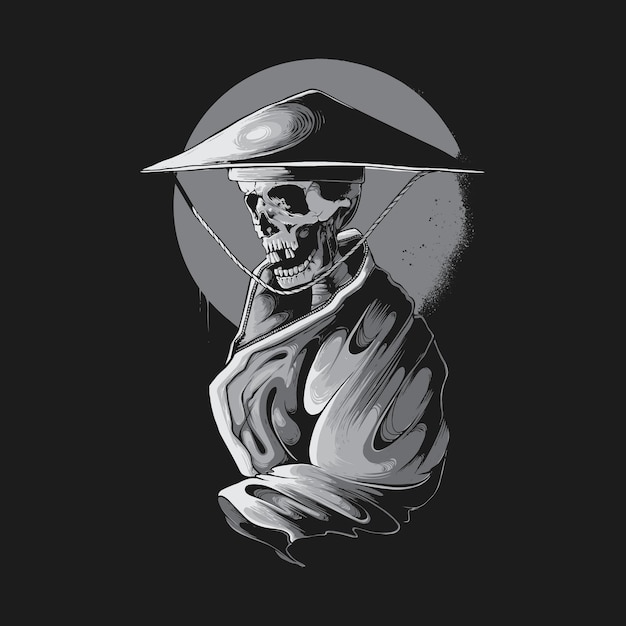 Ilustración de calavera de samurai de estilo dibujado a mano realista en blanco y negro