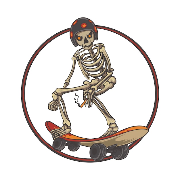 Vector ilustración de calavera de skate con círculos en el diseño de camiseta y pegatina de fondo