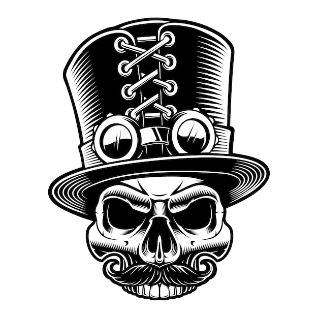 Ilustración de una calavera steampunk con sombrero de copa
