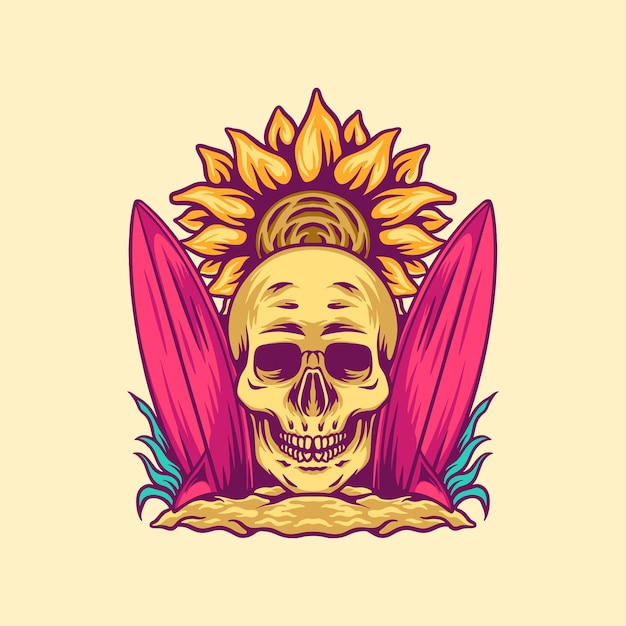 Ilustración de calavera y tabla de surf