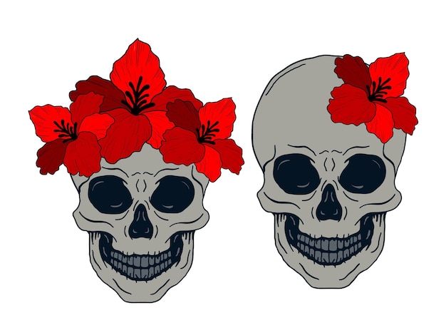 Ilustración de calavera vintage y flor roja