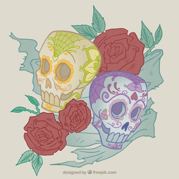 Vector ilustración de calaveras de azúcar y rosas