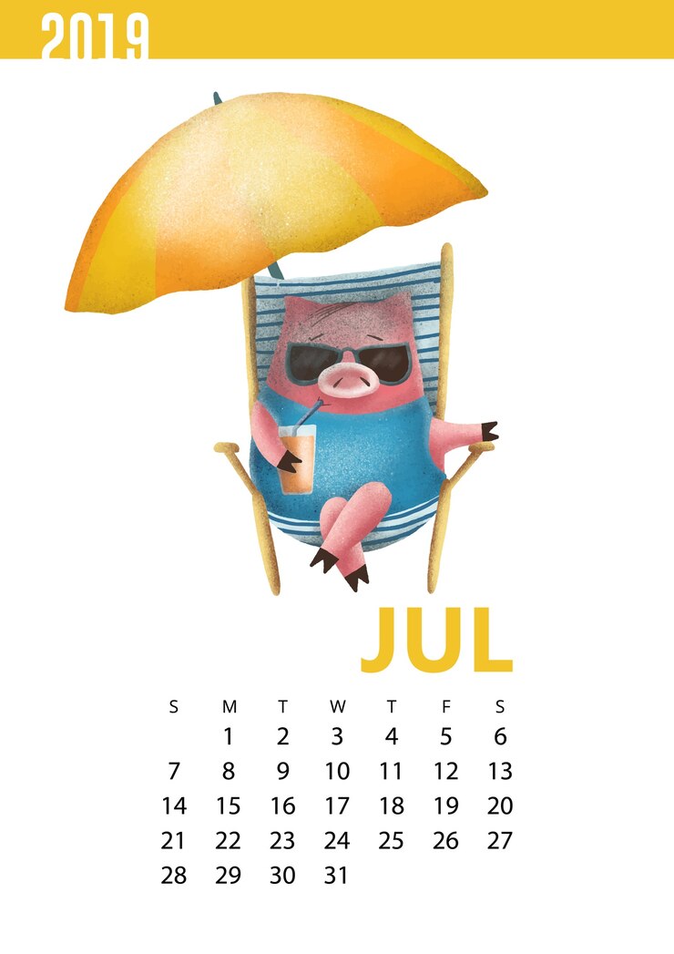 Vector ilustración de calendarios dibujados a mano de cerdo divertido para julio de 2019