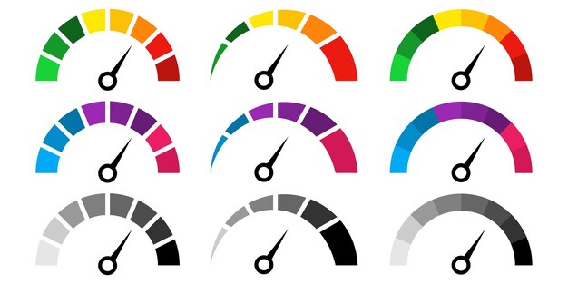 Ilustración de las calificaciones coloridas del velocímetro con flechas